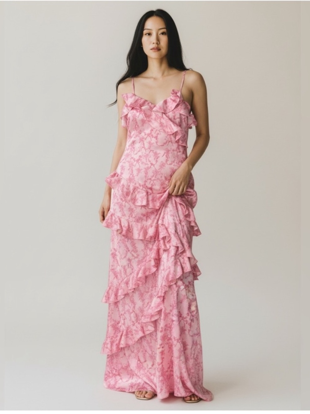 Rareraw Women’s M/L Pink Floral Bow Print Satin Silky Ruffle Maxi Dress Love